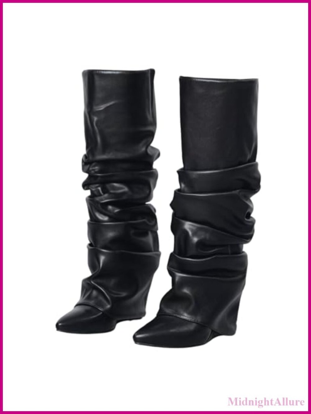 Slouched Ruched Fold Over Boots Covered Wedge Knee High Pointed Toe